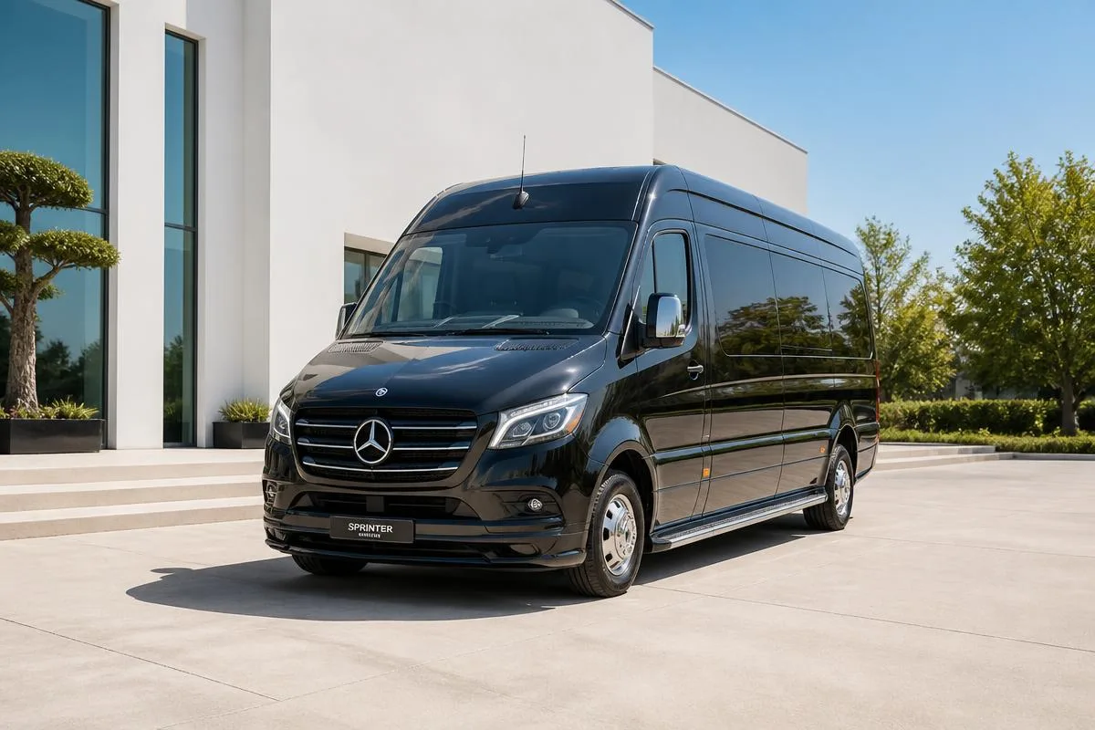 Black Mercedes-Benz Sprinter executive van outside a modern building