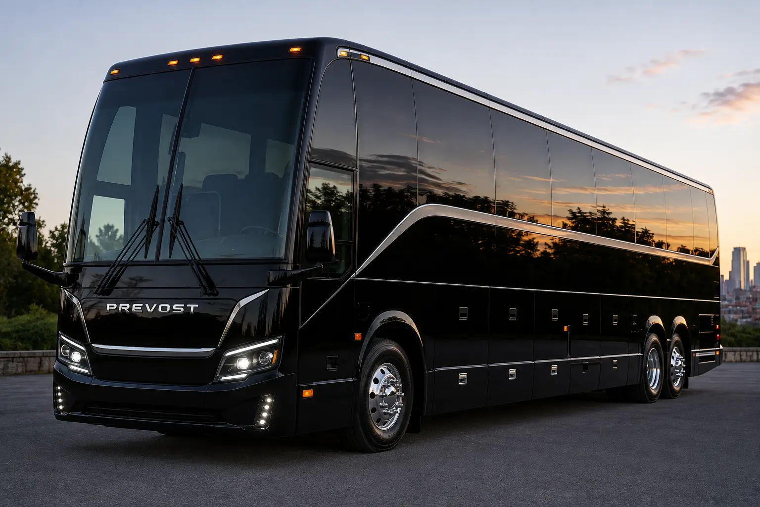 Black full-size motorcoach at dusk with a city skyline behind