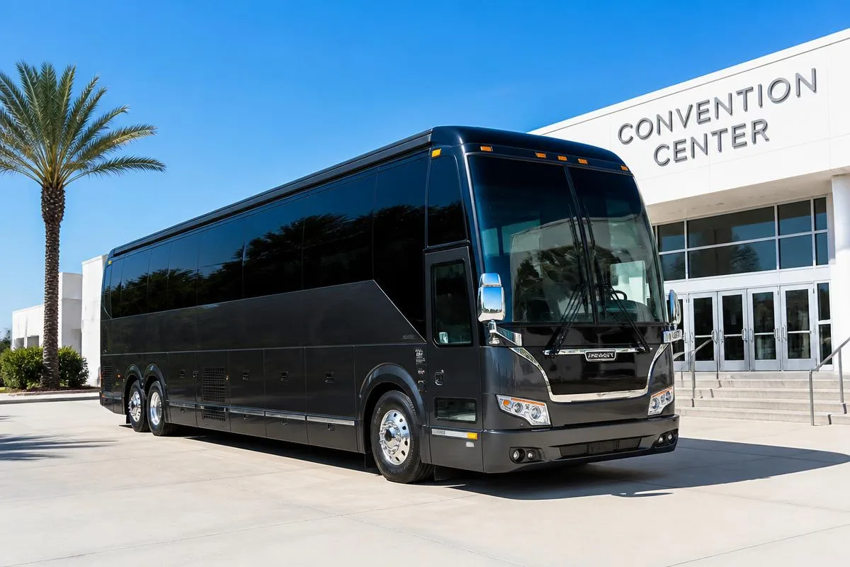 Black luxury motorcoach in daylight outside a convention centre