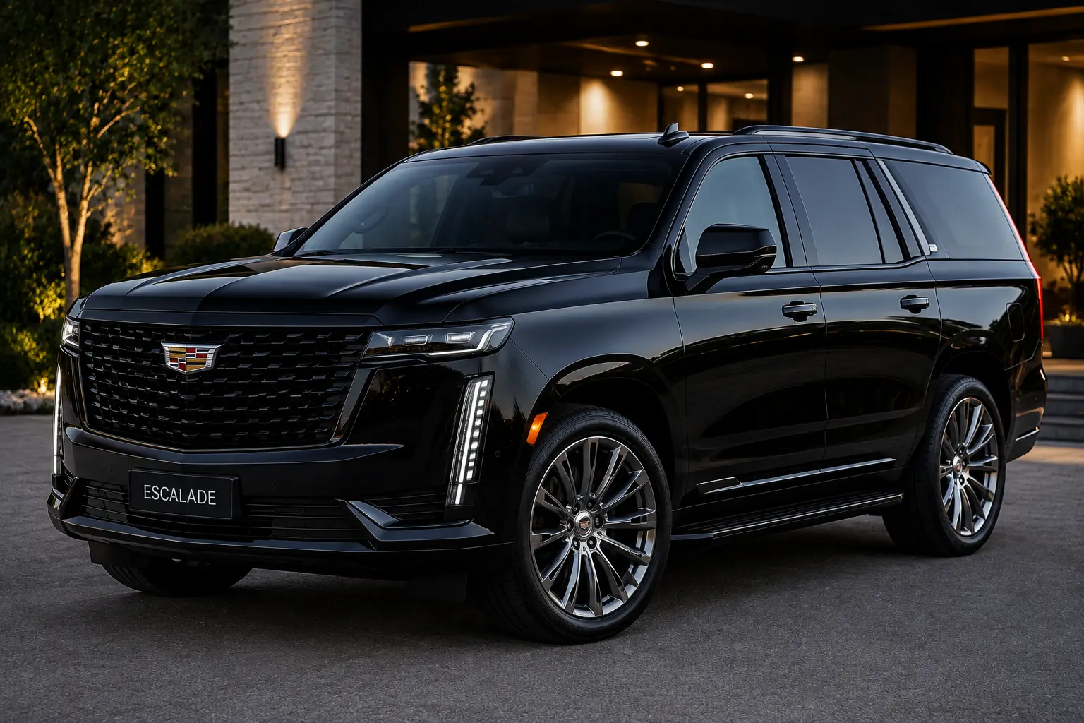 Black Cadillac Escalade luxury SUV at a private residence entrance