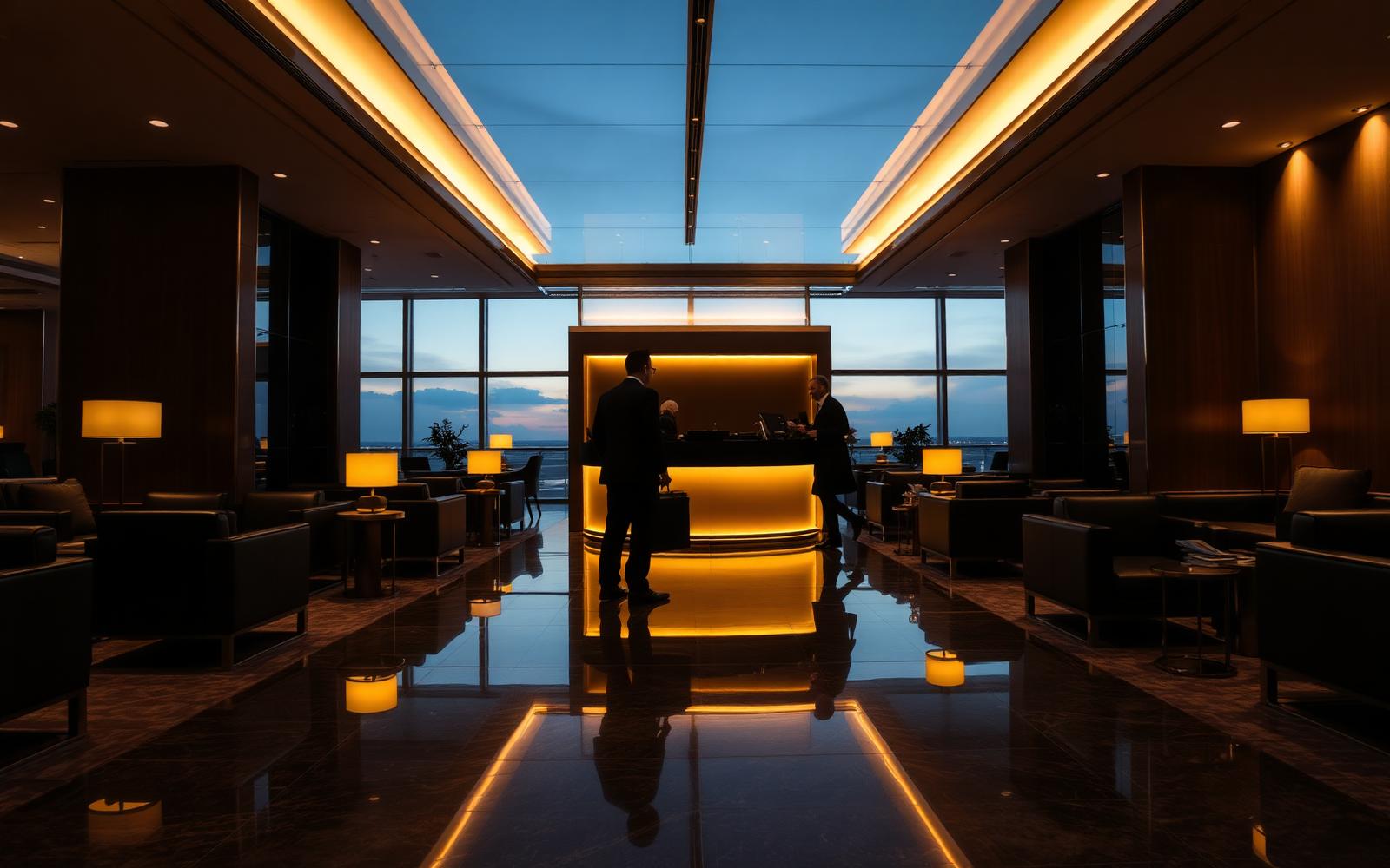 Private terminal lounge at dusk with an executive traveler
