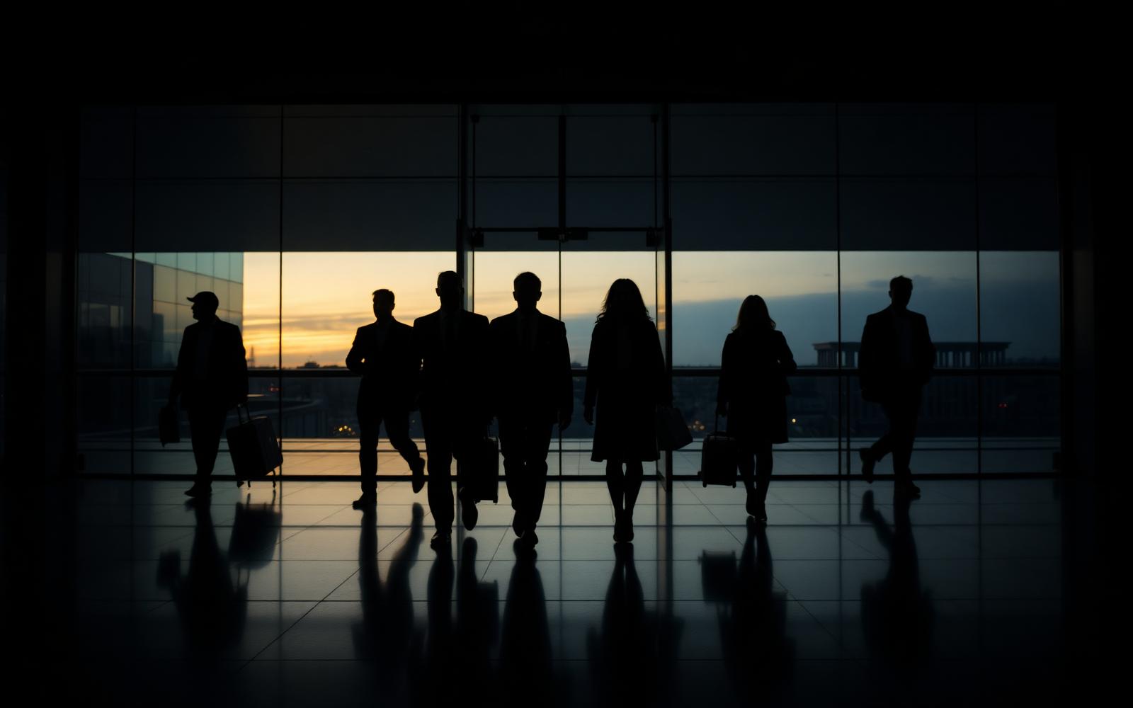 Business travelers crossing a glass office lobby at dusk