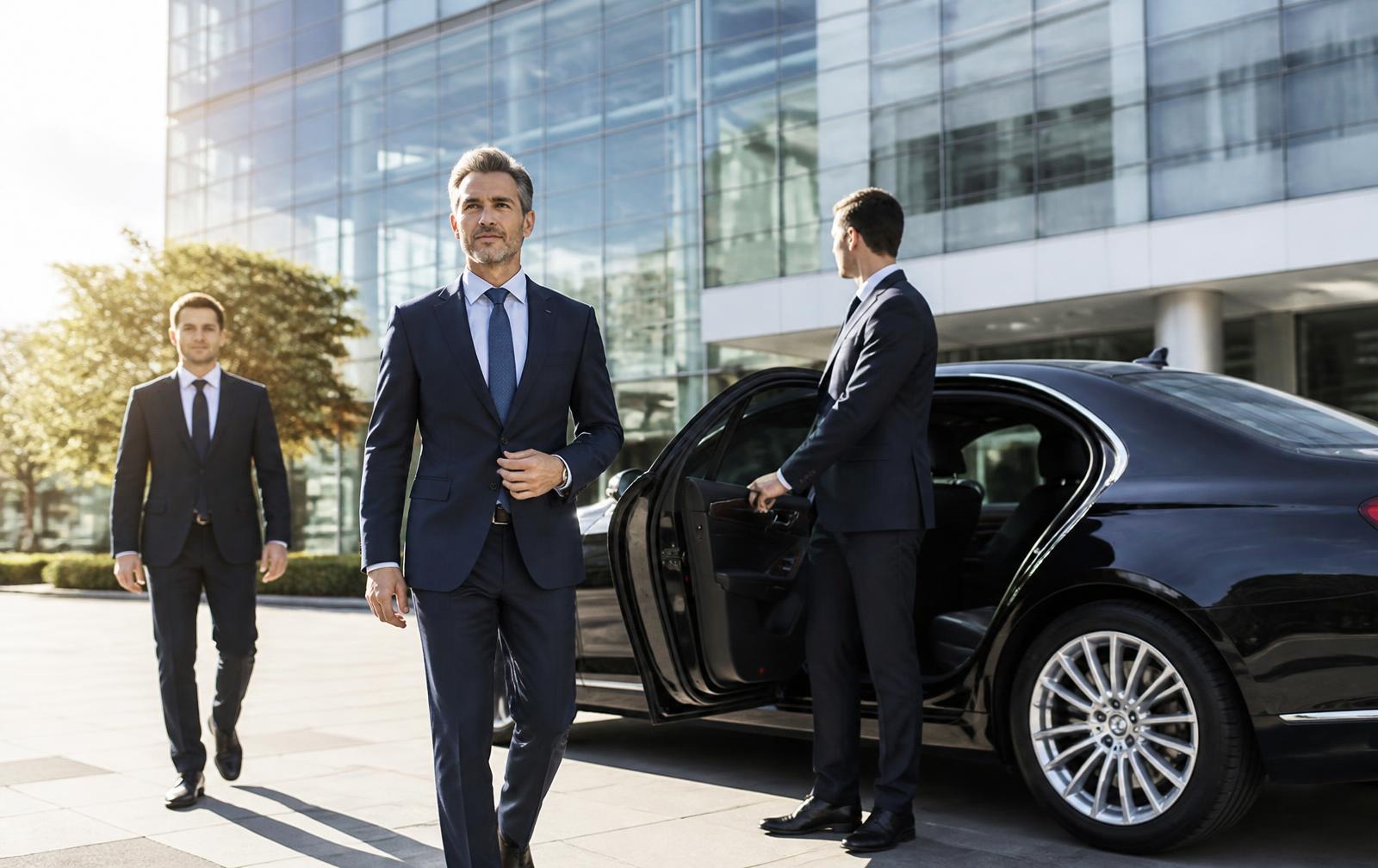Executives stepping out of a luxury sedan outside a sunlit glass office tower