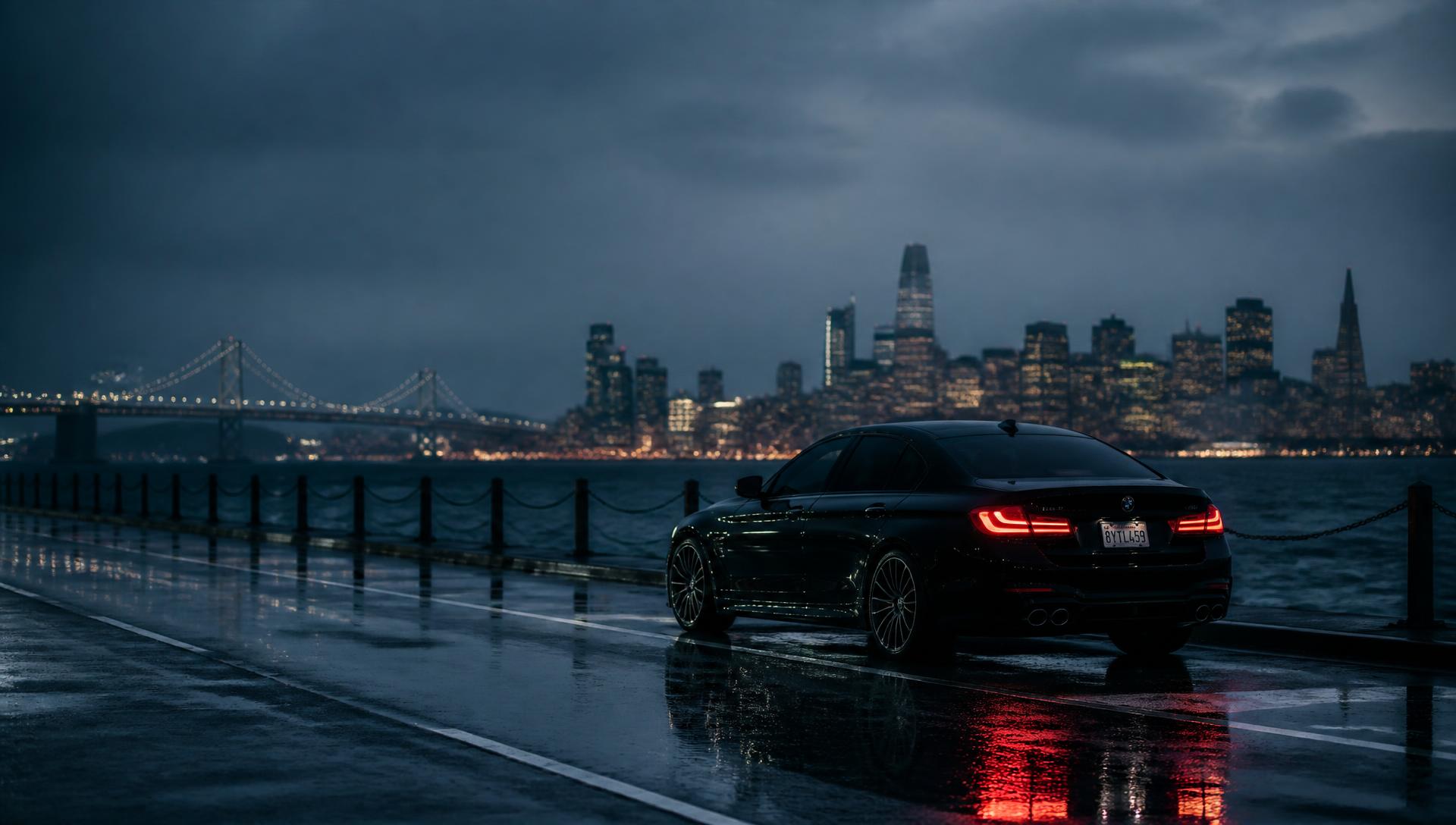 Executive sedan on the waterfront with the San Francisco skyline at dusk